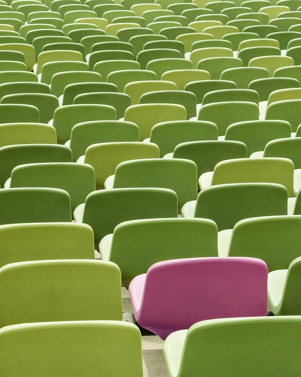 A group of green chairs in rows, one single pink chair stand out amongst them